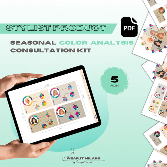 4 Seasonal Color Analysis Consultation Kit - wearitmilano
Digital color analysis toolkit featuring seasonal palettes, color wheels, and subcategories.
