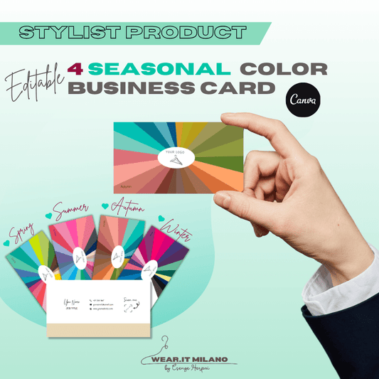 4 Seasons Editable Business Card - wearitmilano
Professional stylist business card showcasing Spring, Summer, Autumn, and Winter colors.