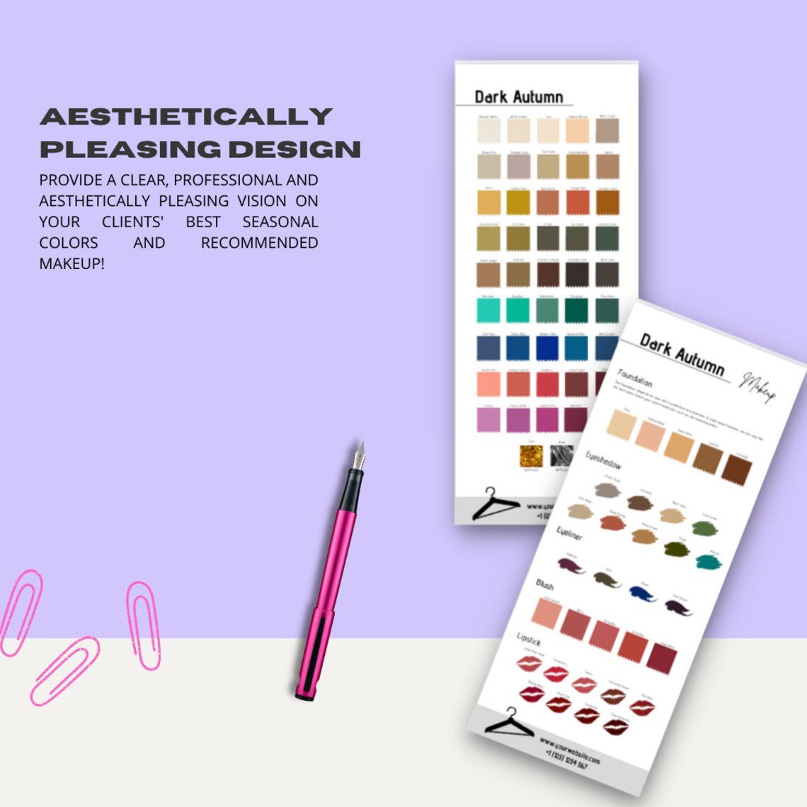 AUTUMN - Seasonal Color Analysis Color Palettes with Makeup Recommendations - wearitmilano
A professional Canva template featuring customizable seasonal color palettes and makeup recommendations for stylists.