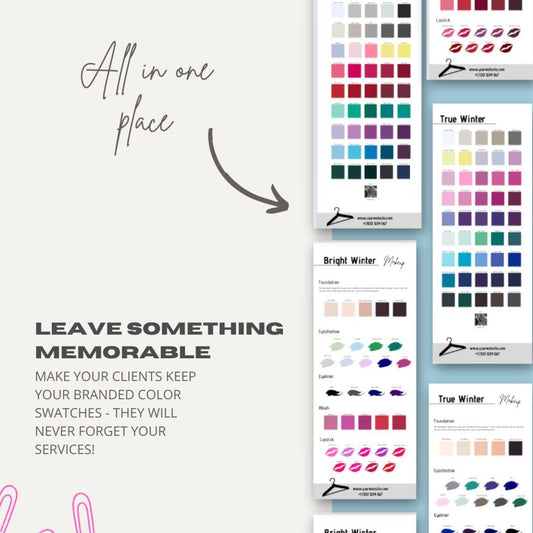WINTER - Seasonal Color Analysis Color Palettes with Makeup Recommendations - wearitmilanoCanva-based Winter color analysis template for small businesses.
